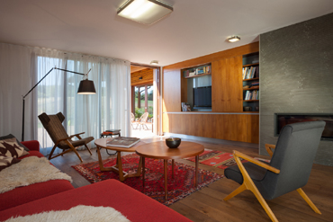 Interior of the living space - sitting by the fireplace and television