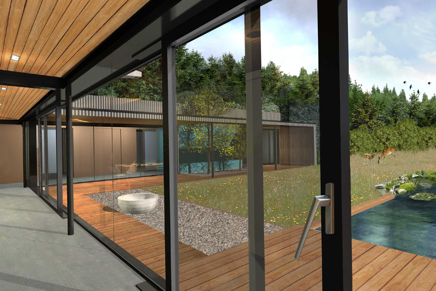  Vizualizace interiéru - koncepční řešení propojení interiéru obytného prostoru skrz posuvné výlohy bezrámoveho zasklení s exteriérem navýšené úrovně zahrady