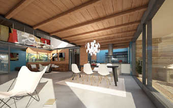 Interior visualization of connected living space with loft, dining room, kitchen, fireplace and TV room