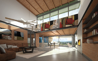 Interior visualization of connected living space with loft, dining room, kitchen, fireplace and TV room